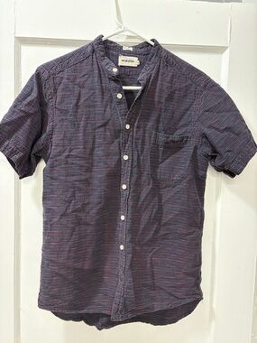 Taylor Stitch Navy and Red Short-Sleeve Band-Collar Shirt